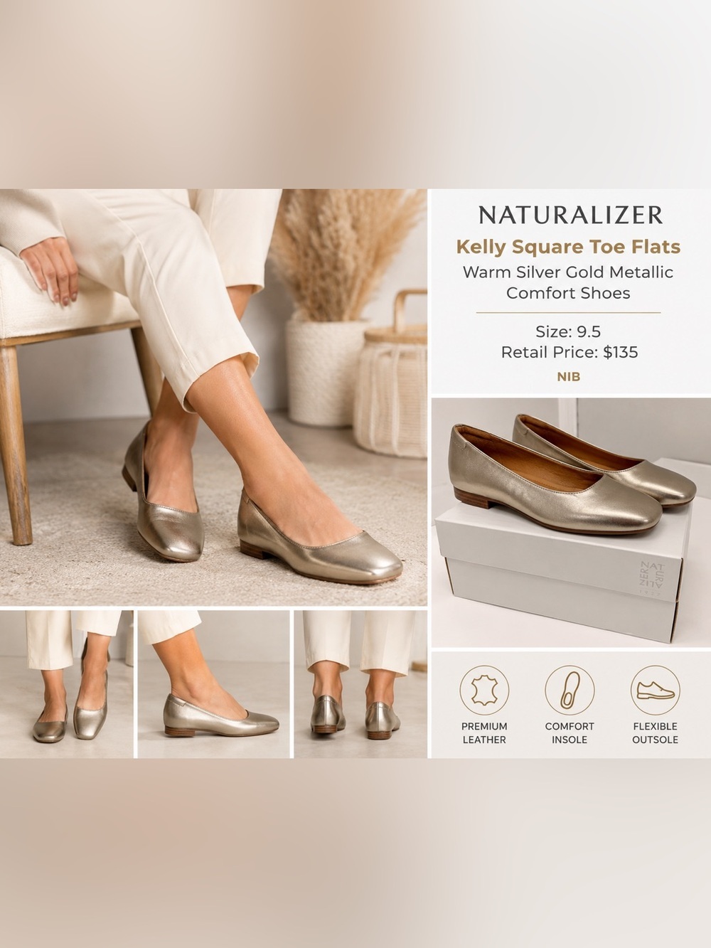 Naturalizer Kelly Square Toe Flats Warm
Silver Gold Metallic  Shoes 9.5 NIBOX